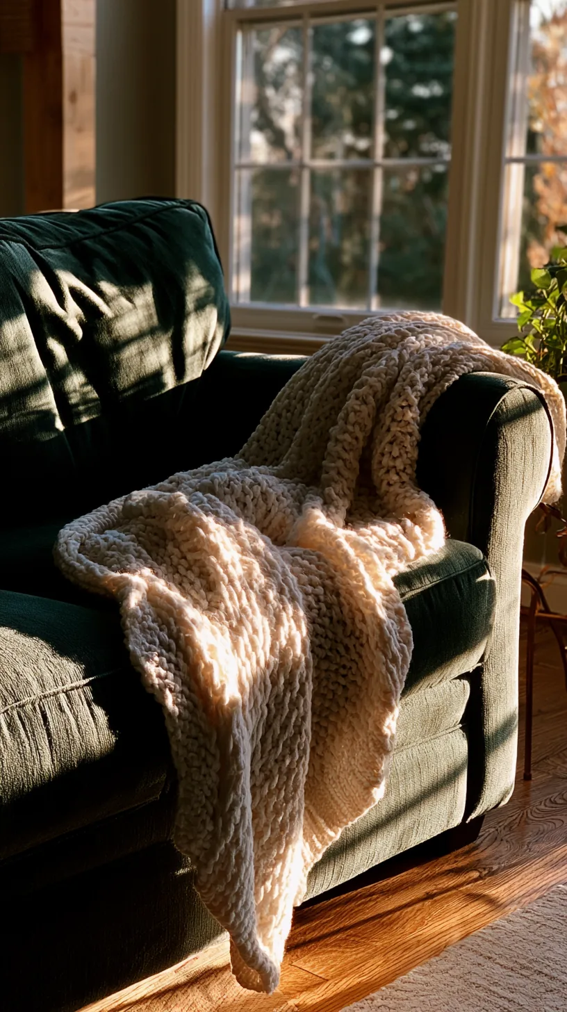 cream cable knit throw draped over the arm of a deep green sofa, photo 1 of 4