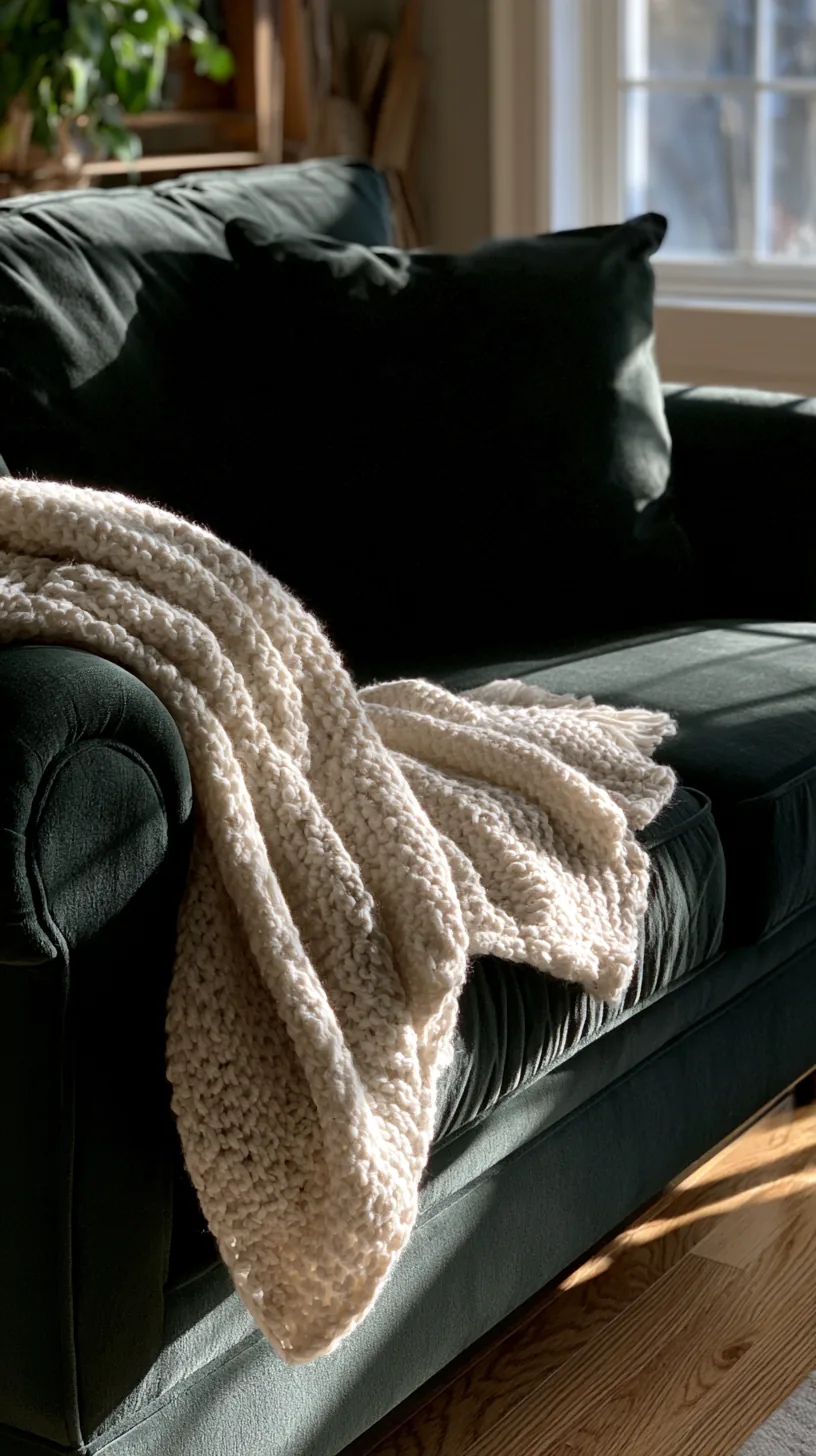 cream cable knit throw draped over the arm of a deep green sofa, photo 2 of 4