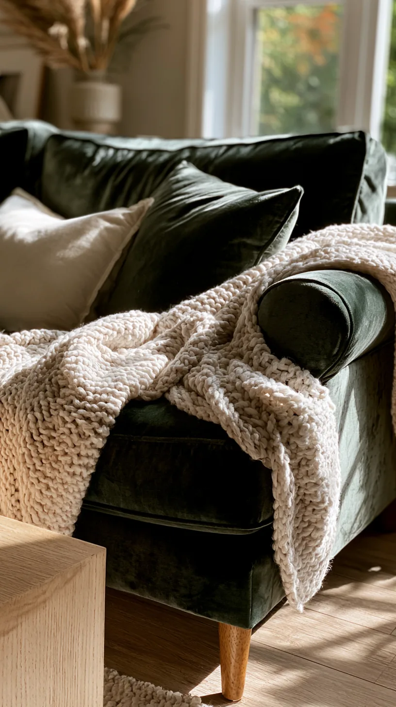 cream cable knit throw draped over the arm of a deep green sofa, photo 3 of 4
