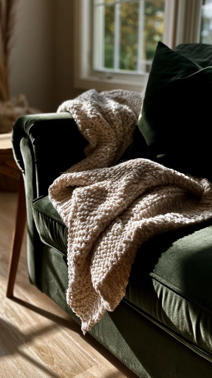 cream cable knit throw draped over the arm of a deep green sofa, photo 4 of 4