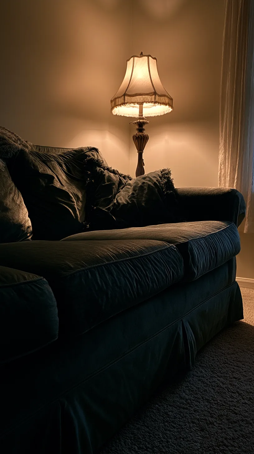 brass candle holders and gold frames styled near a dark green sofa, photo 1 of 4