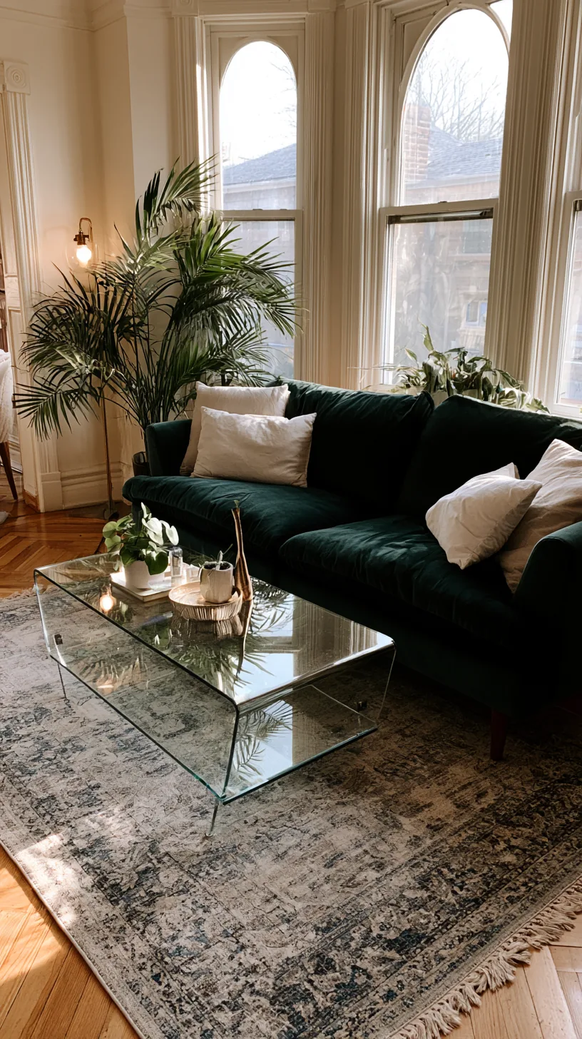 brass candle holders and gold frames styled near a dark green sofa, photo 2 of 4