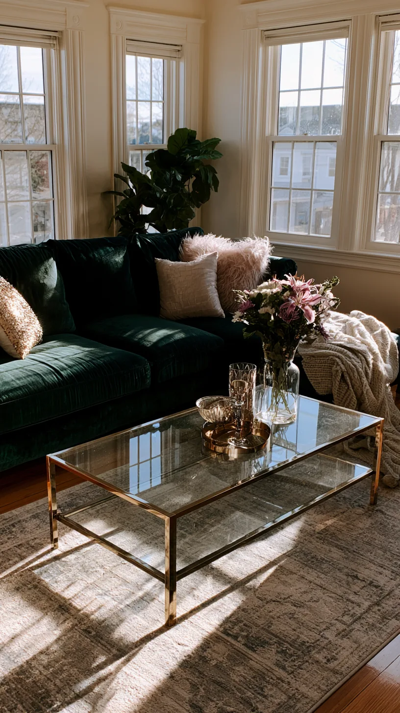 brass candle holders and gold frames styled near a dark green sofa, photo 3 of 4