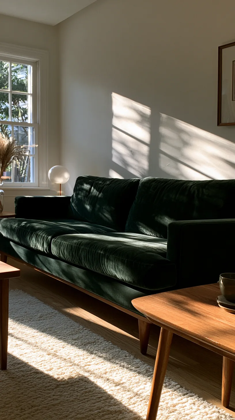 brass candle holders and gold frames styled near a dark green sofa, photo 4 of 4