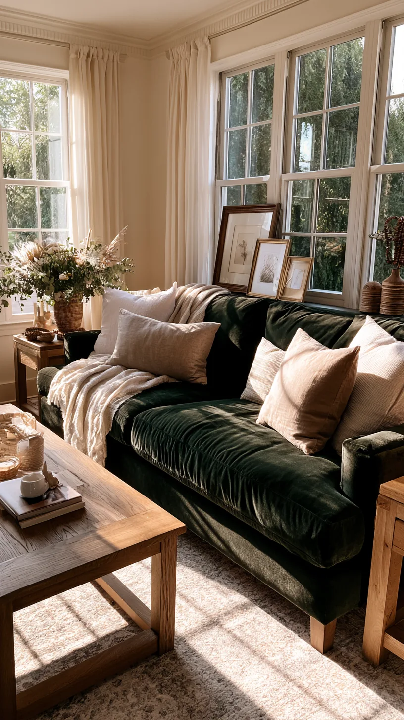light oak coffee table and wooden side pieces beside a green sofa, photo 1 of 4