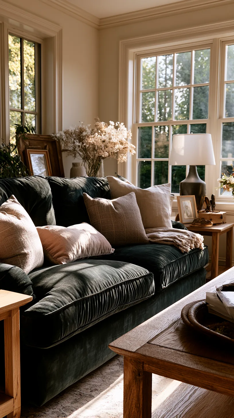 light oak coffee table and wooden side pieces beside a green sofa, photo 2 of 4
