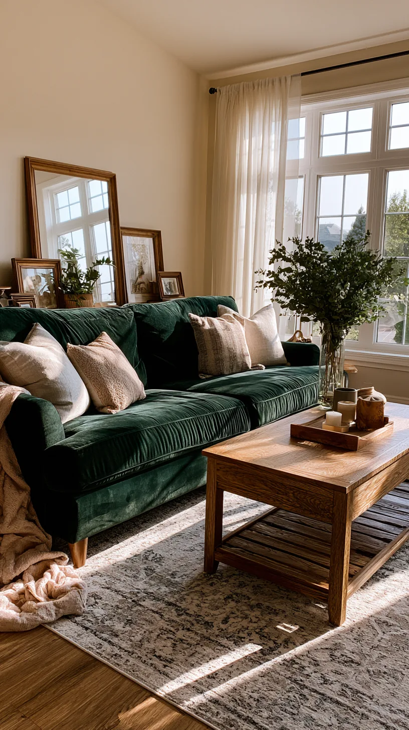 light oak coffee table and wooden side pieces beside a green sofa, photo 3 of 4