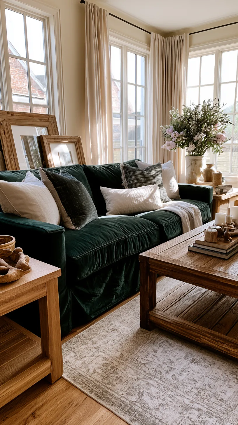 light oak coffee table and wooden side pieces beside a green sofa, photo 4 of 4