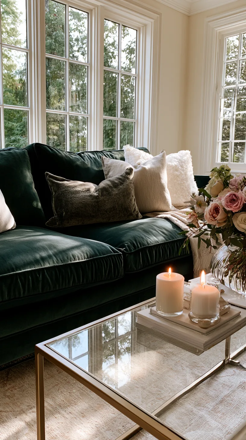 round glass coffee table keeping a dark green sofa living room feeling open, photo 1 of 4