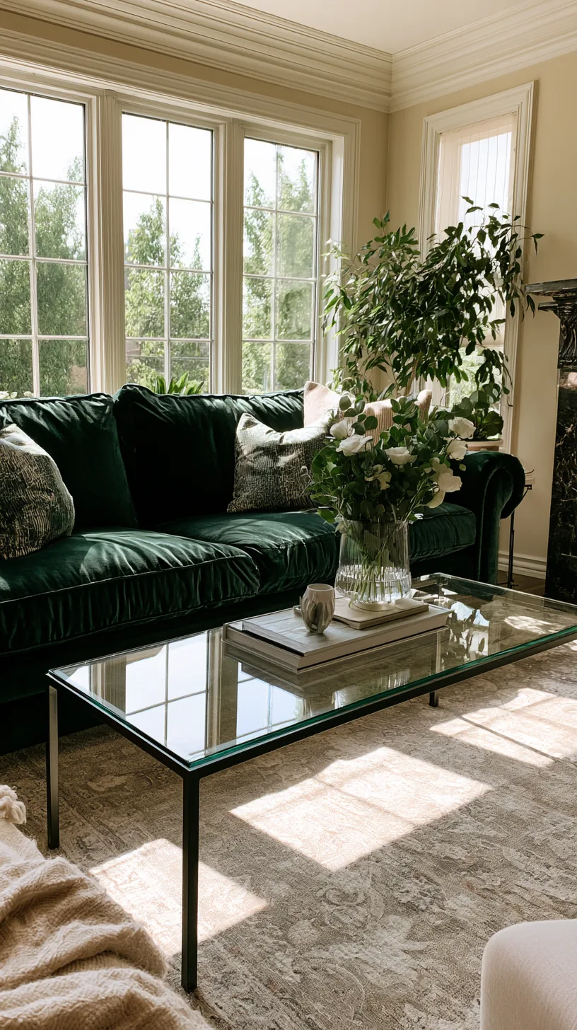 round glass coffee table keeping a dark green sofa living room feeling open, photo 2 of 4