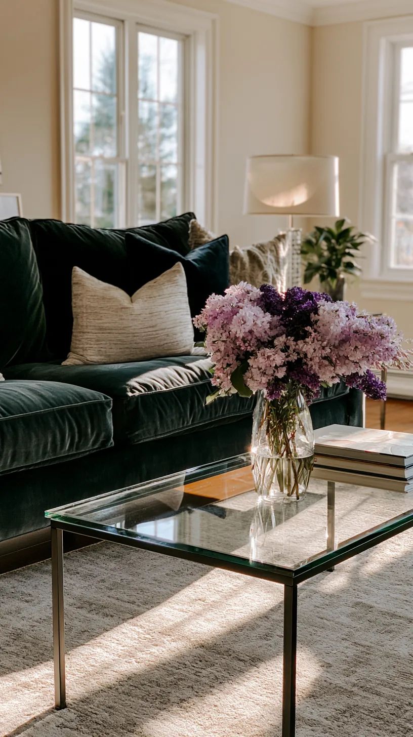 round glass coffee table keeping a dark green sofa living room feeling open, photo 3 of 4