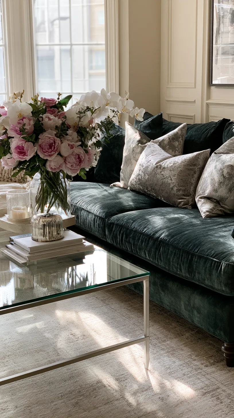 round glass coffee table keeping a dark green sofa living room feeling open, photo 4 of 4