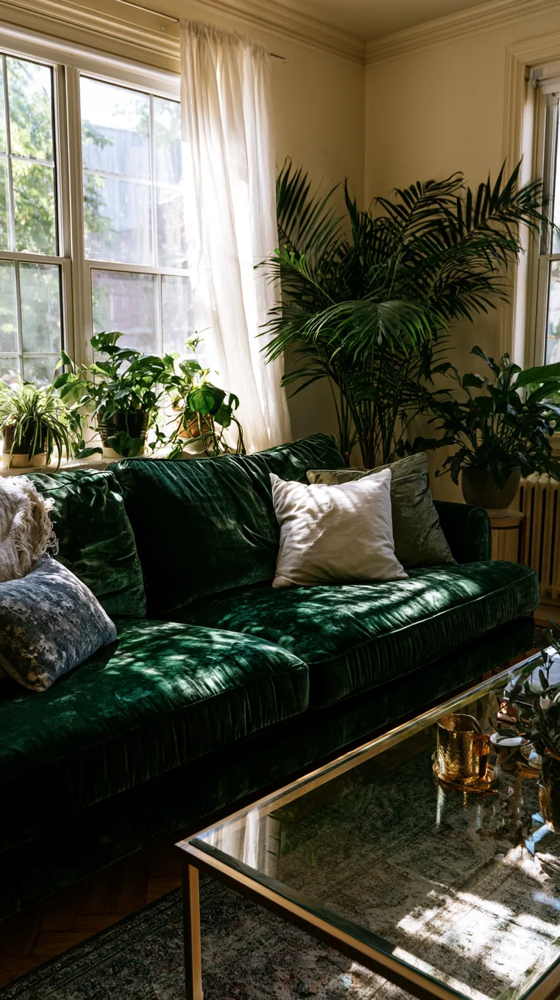 leafy potted plants softening the corners around a dark green sofa, photo 1 of 4