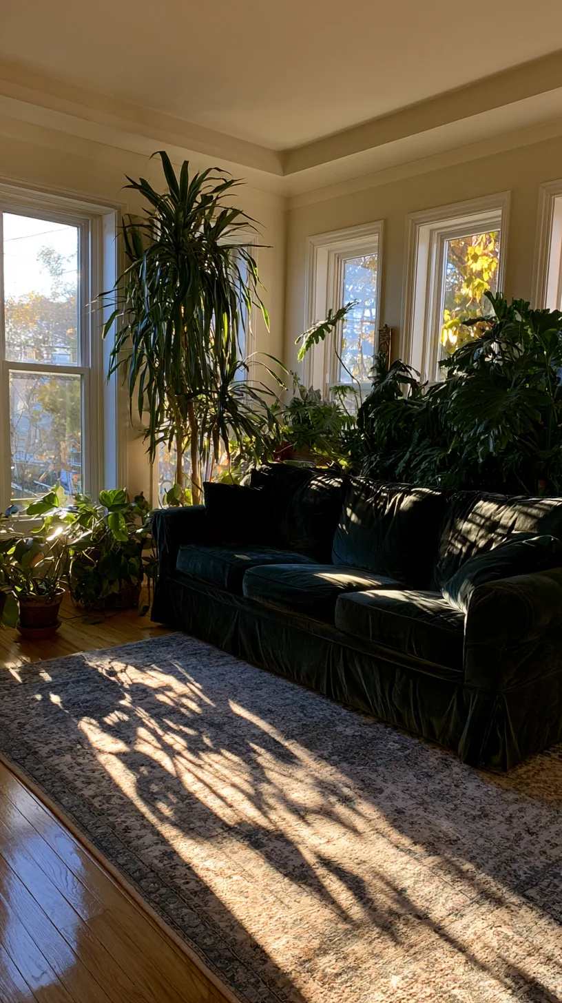 leafy potted plants softening the corners around a dark green sofa, photo 2 of 4