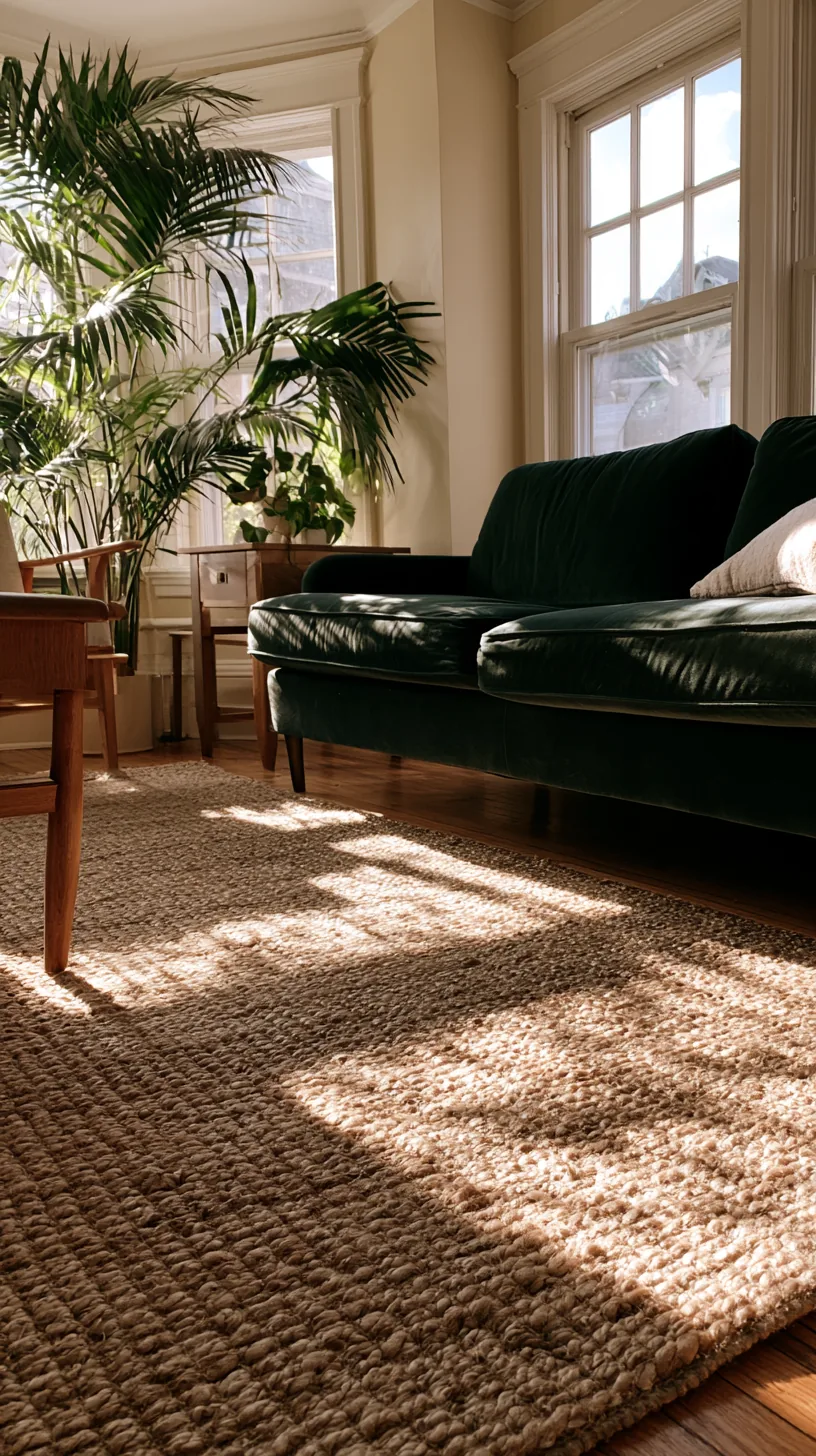 leafy potted plants softening the corners around a dark green sofa, photo 3 of 4