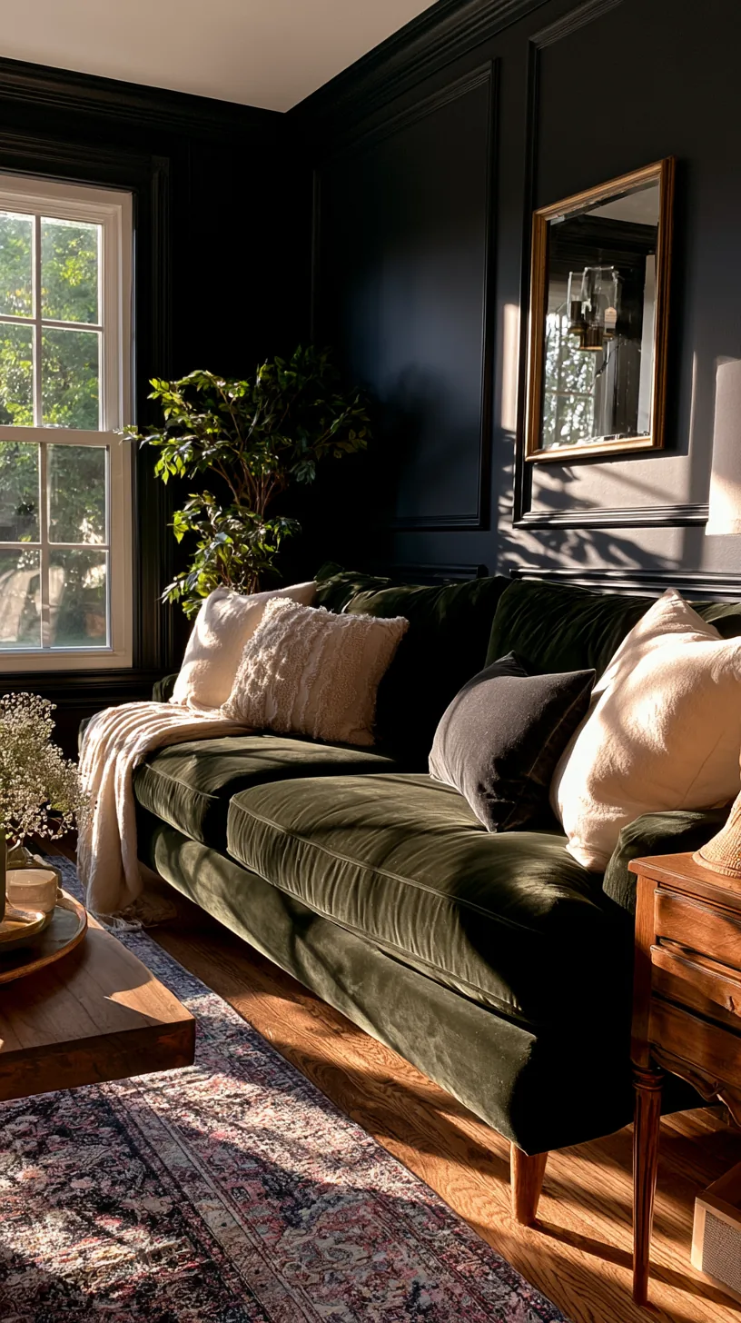 leafy potted plants softening the corners around a dark green sofa, photo 4 of 4