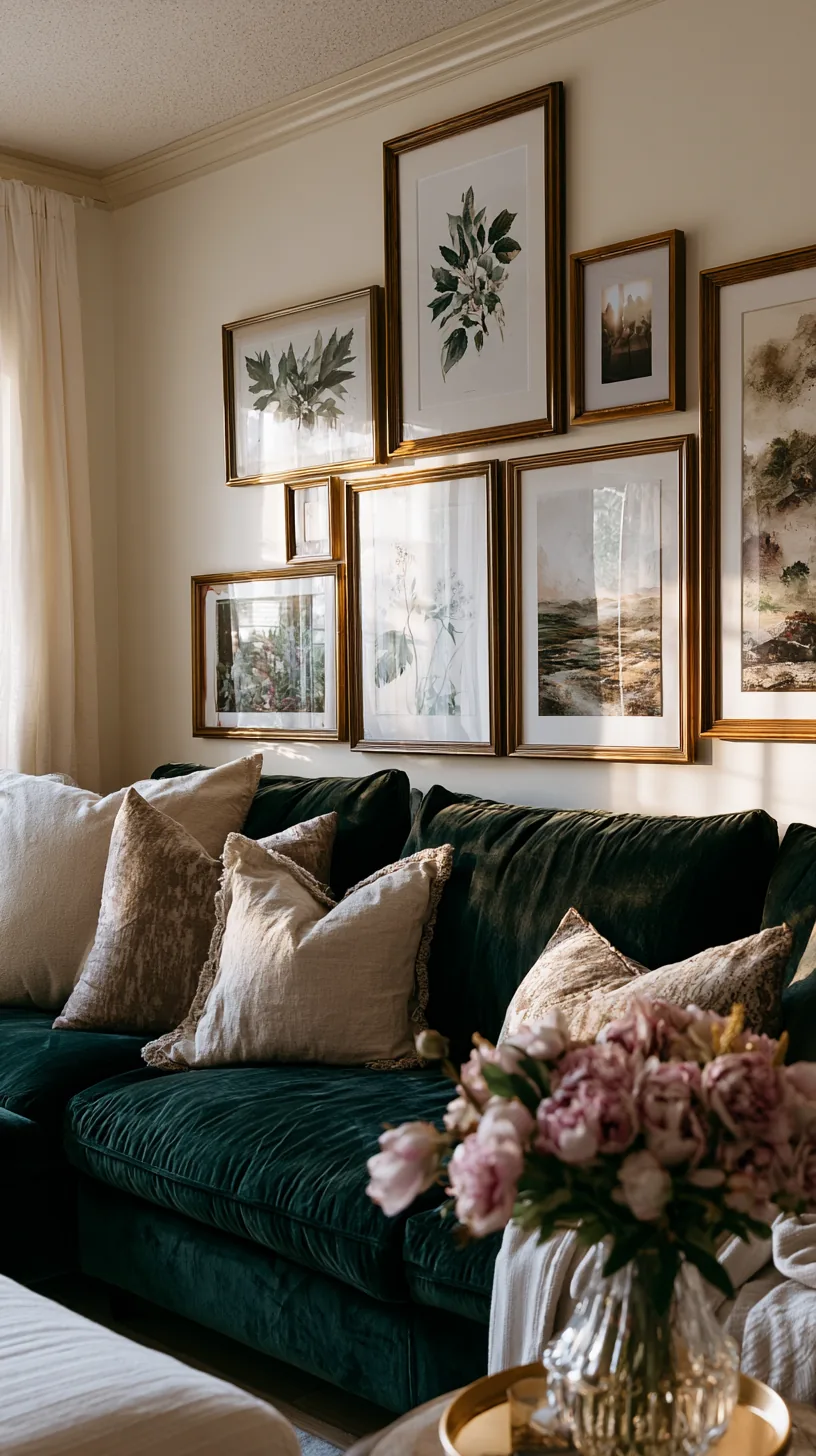 warm-framed botanical gallery wall above a deep green sofa, photo 1 of 4