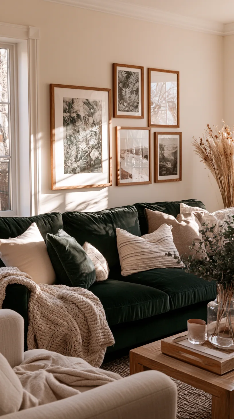 warm-framed botanical gallery wall above a deep green sofa, photo 2 of 4