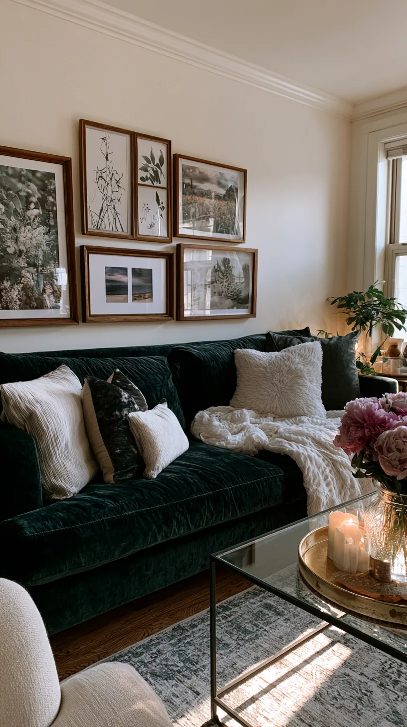 warm-framed botanical gallery wall above a deep green sofa, photo 3 of 4