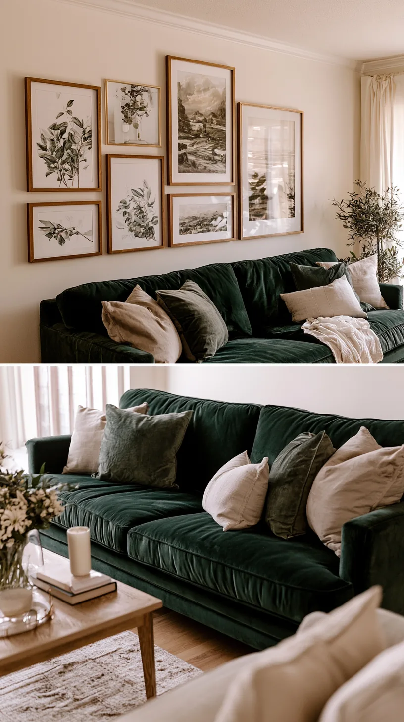 warm-framed botanical gallery wall above a deep green sofa, photo 4 of 4