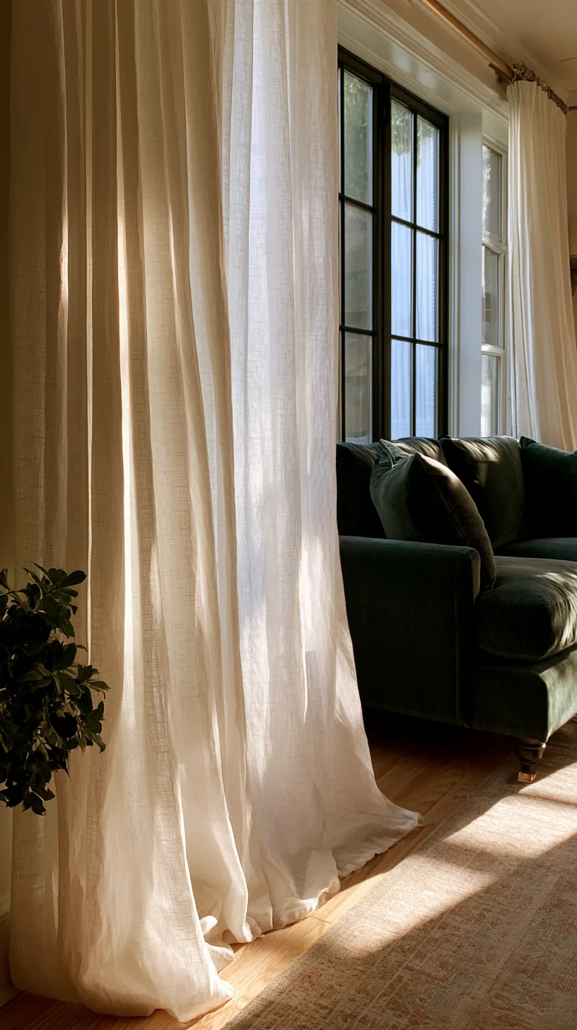 cream linen curtains framing the windows in a green sofa living room, photo 1 of 4