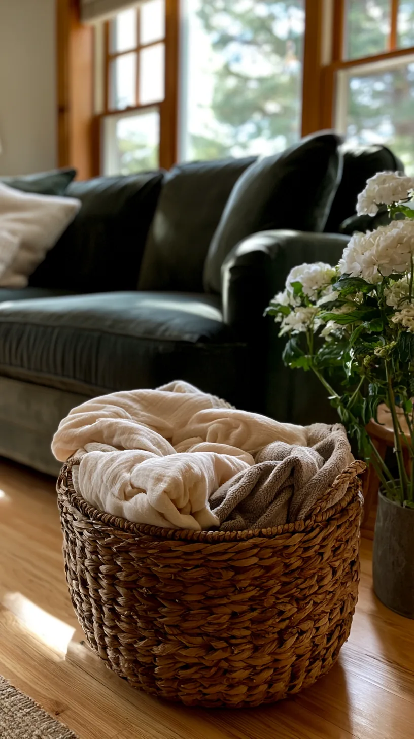 cream linen curtains framing the windows in a green sofa living room, photo 2 of 4