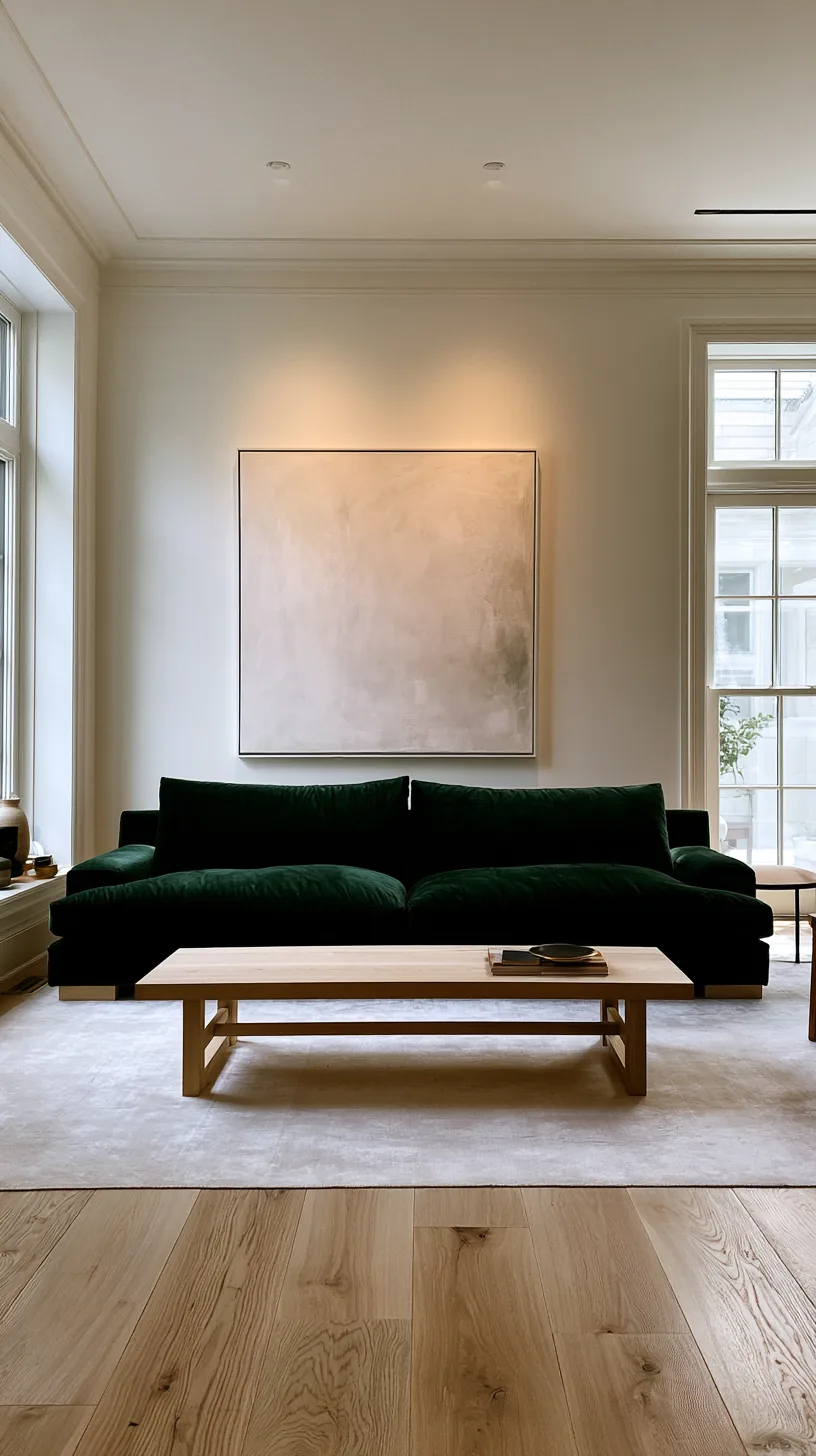 cream linen curtains framing the windows in a green sofa living room, photo 3 of 4