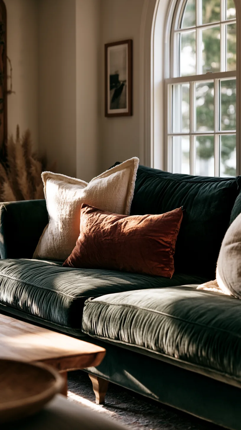 cream linen curtains framing the windows in a green sofa living room, photo 4 of 4
