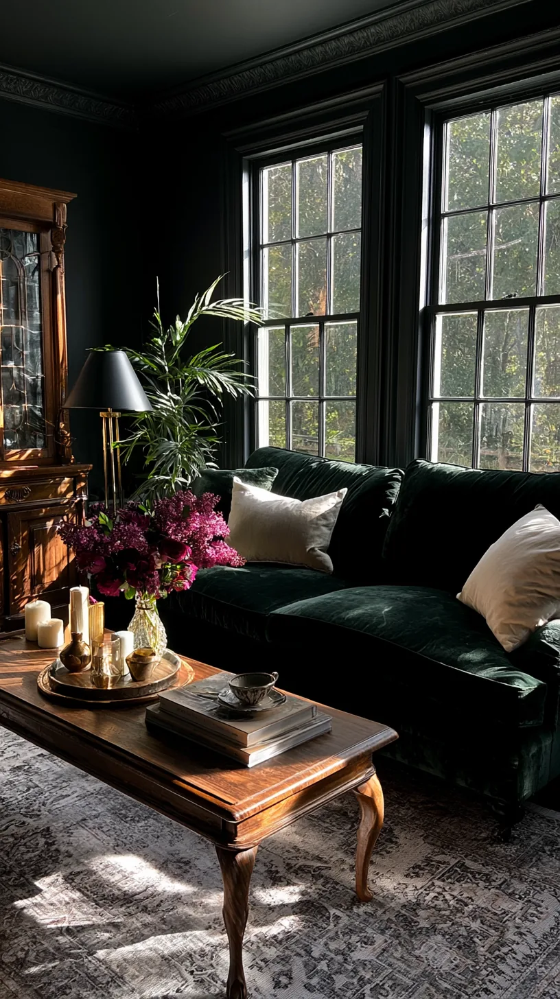 deep charcoal walls wrapping a dark green sofa in a cozy moody living room, photo 1 of 4
