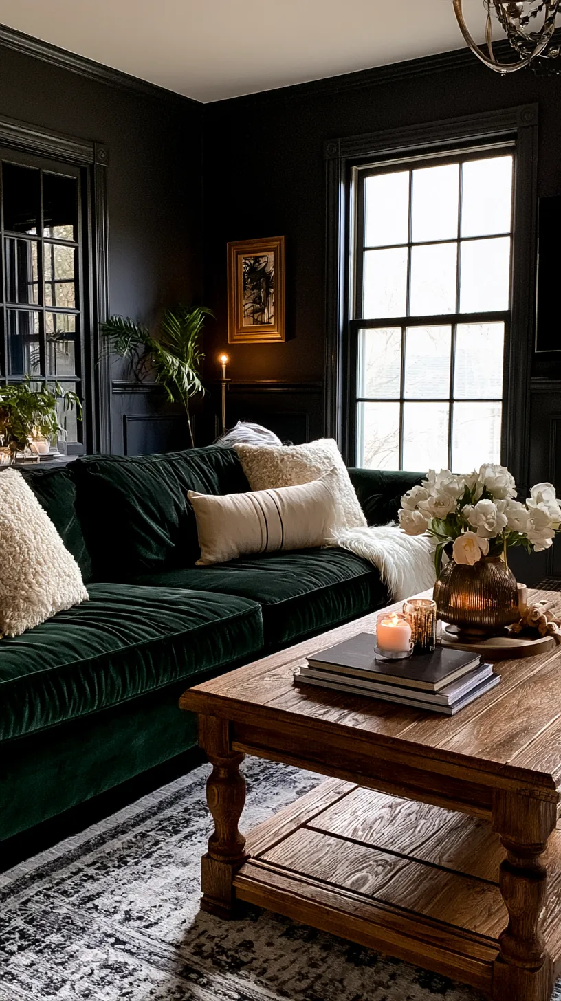 deep charcoal walls wrapping a dark green sofa in a cozy moody living room, photo 2 of 4