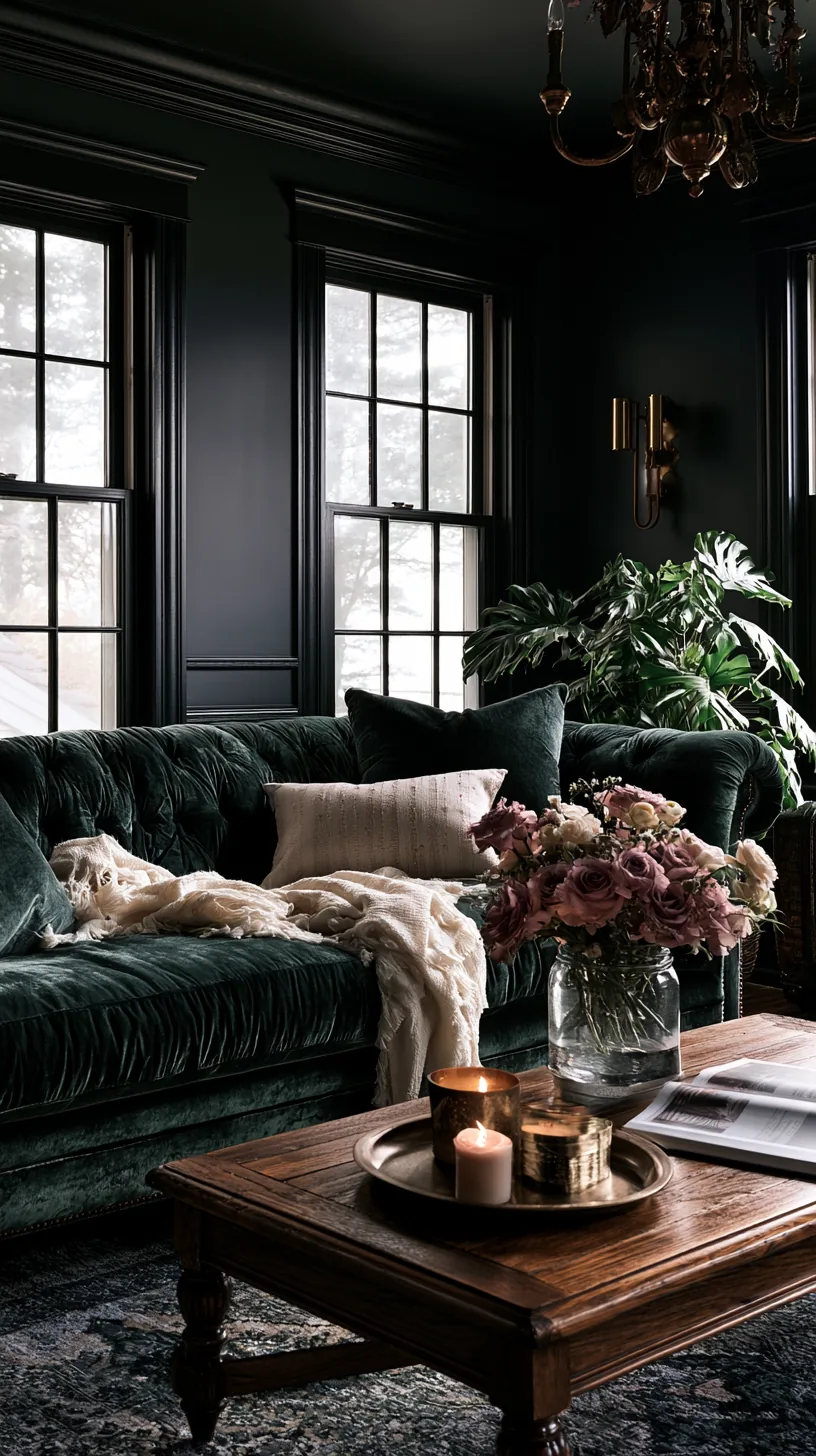 deep charcoal walls wrapping a dark green sofa in a cozy moody living room, photo 3 of 4