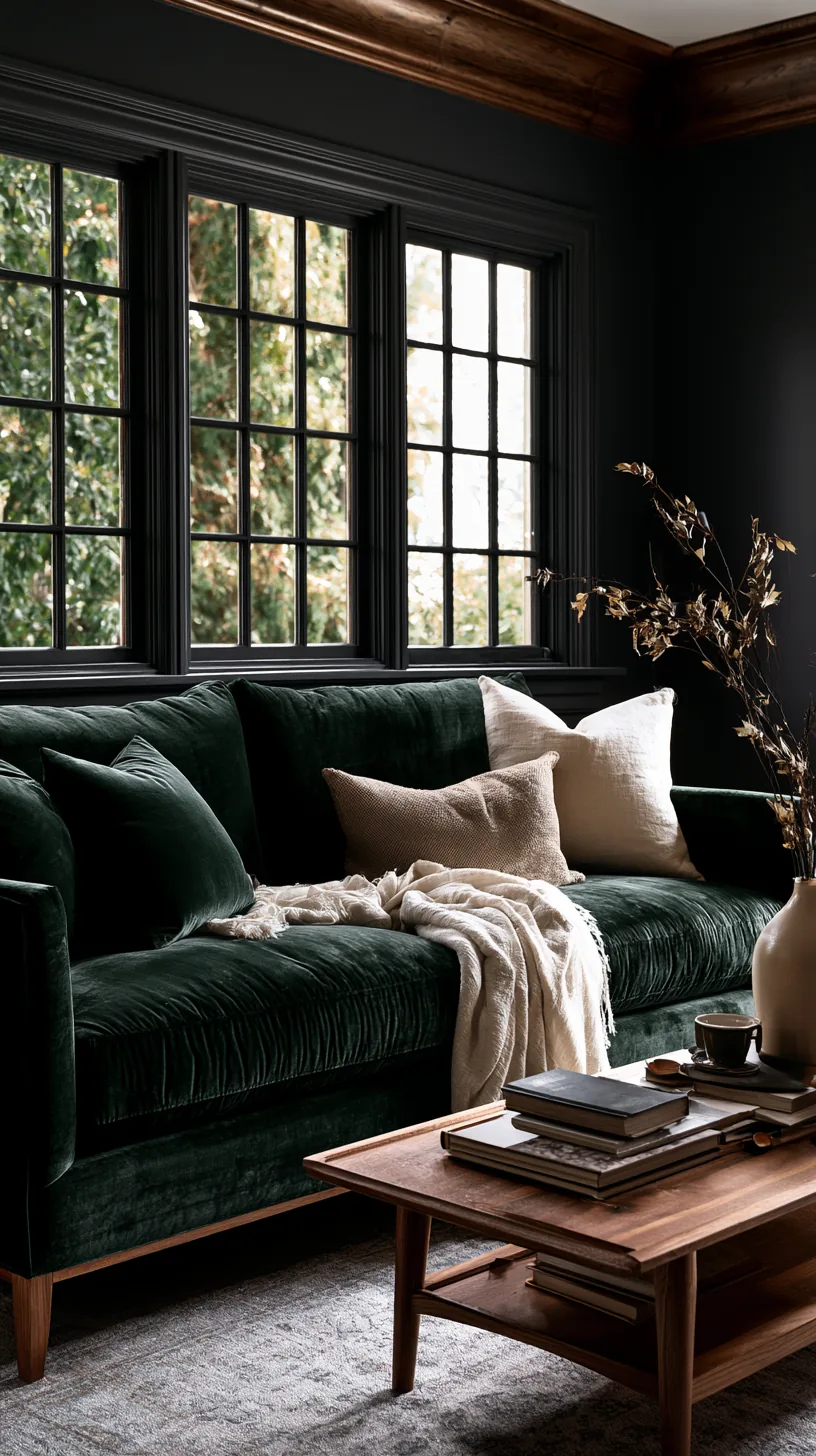 deep charcoal walls wrapping a dark green sofa in a cozy moody living room, photo 4 of 4