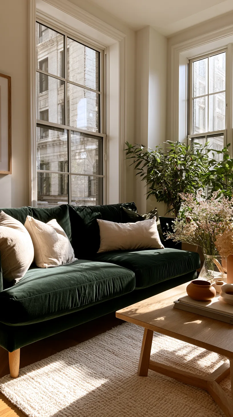 soft white walls keeping a dark green sofa bright and fresh, photo 1 of 4
