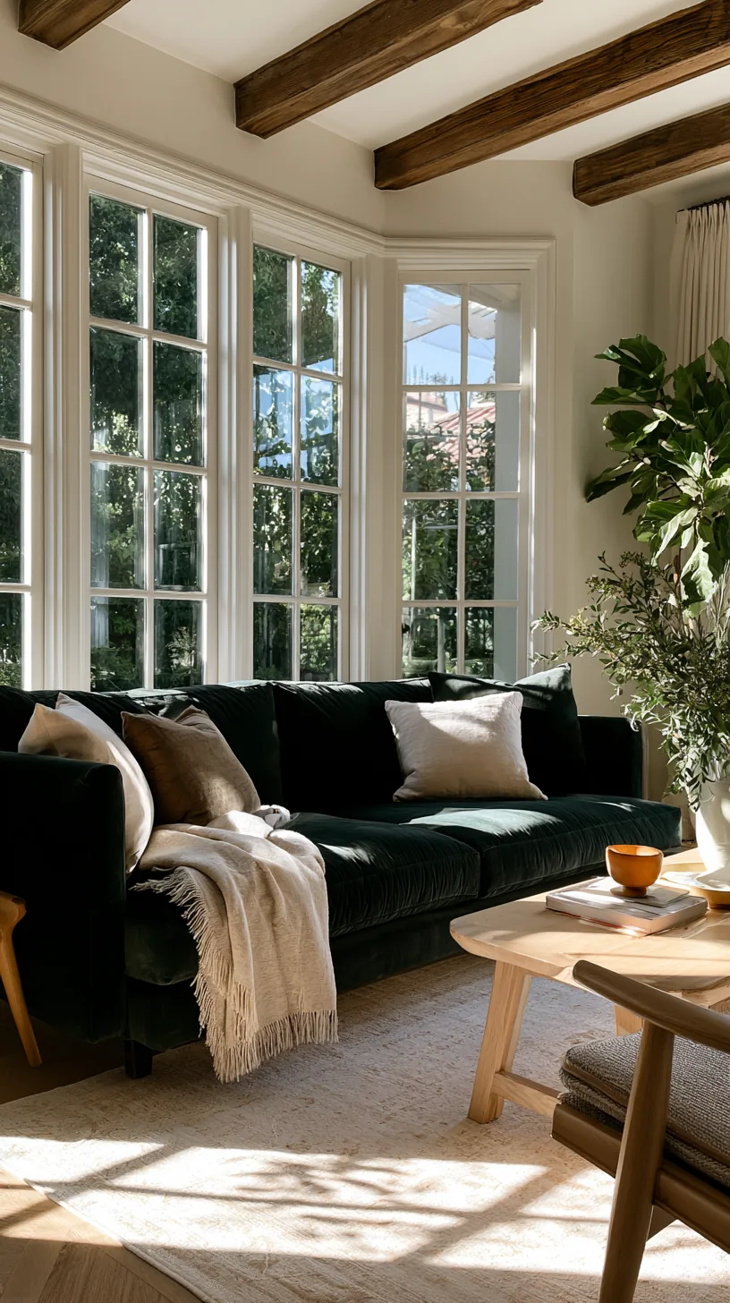soft white walls keeping a dark green sofa bright and fresh, photo 2 of 4