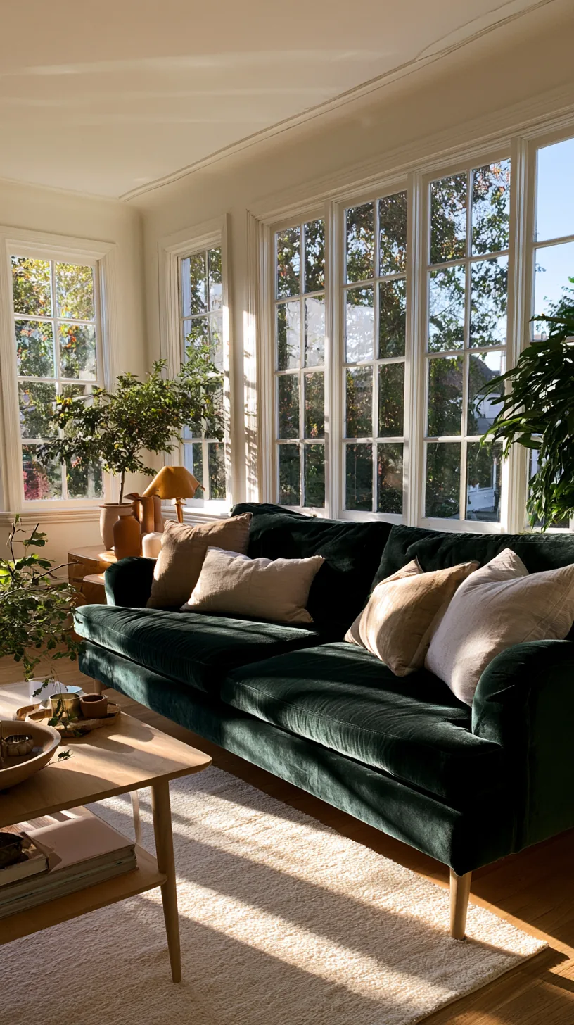 soft white walls keeping a dark green sofa bright and fresh, photo 3 of 4