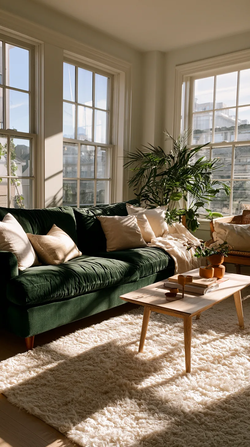 soft white walls keeping a dark green sofa bright and fresh, photo 4 of 4