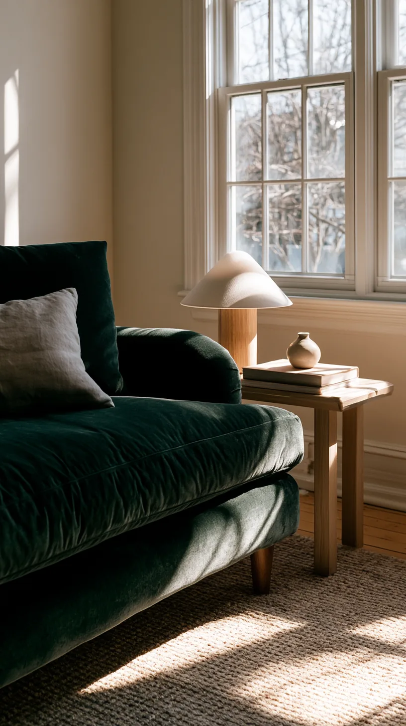 round light wood side table next to a deep green sofa holding a lamp and mug, photo 1 of 4