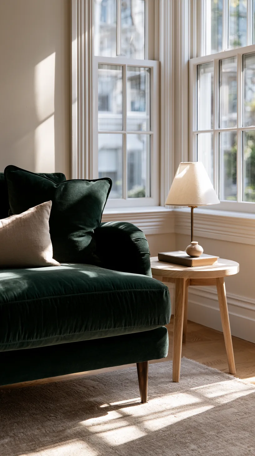 round light wood side table next to a deep green sofa holding a lamp and mug, photo 2 of 4