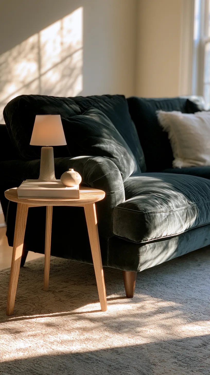 round light wood side table next to a deep green sofa holding a lamp and mug, photo 3 of 4