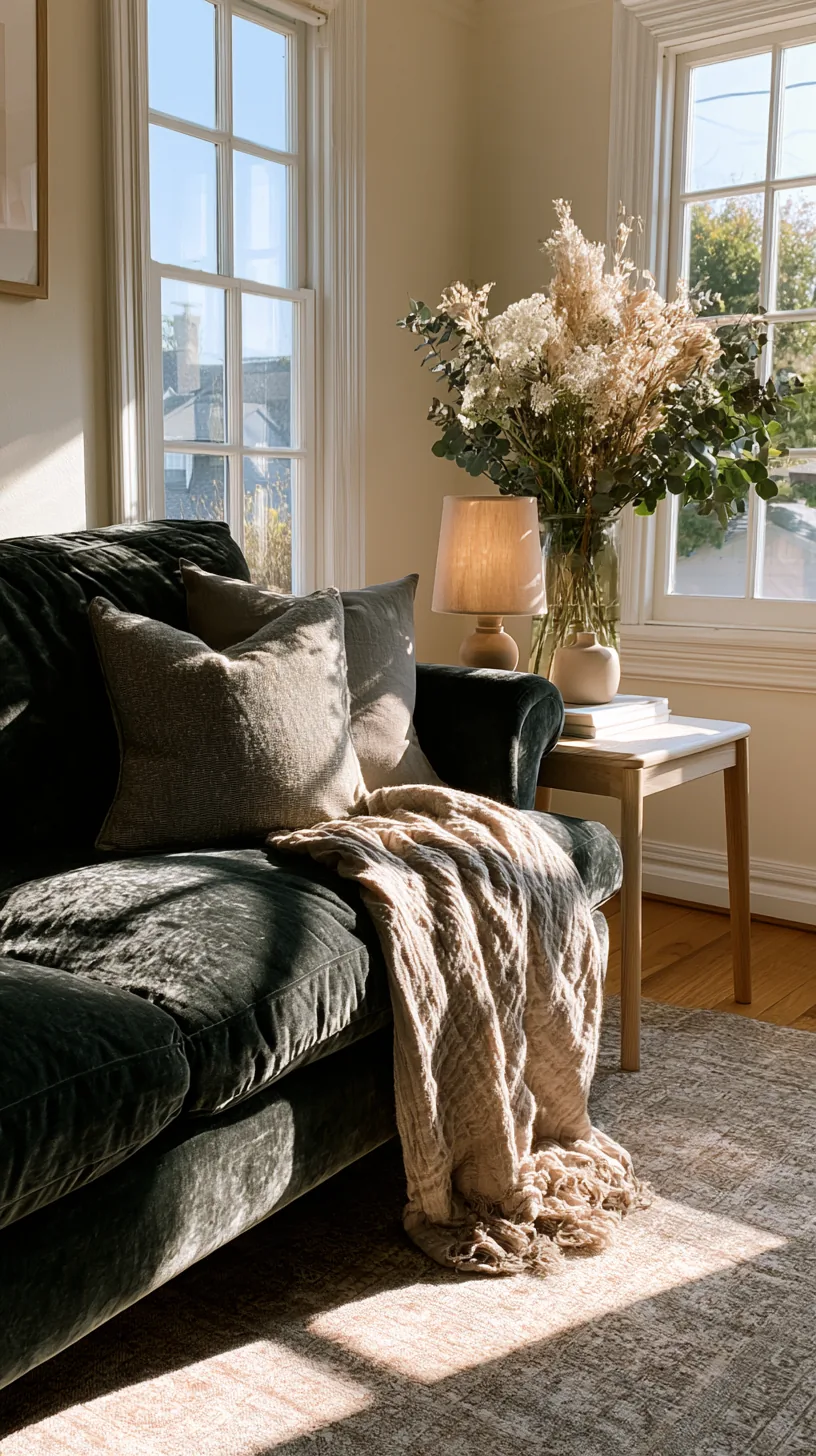round light wood side table next to a deep green sofa holding a lamp and mug, photo 4 of 4