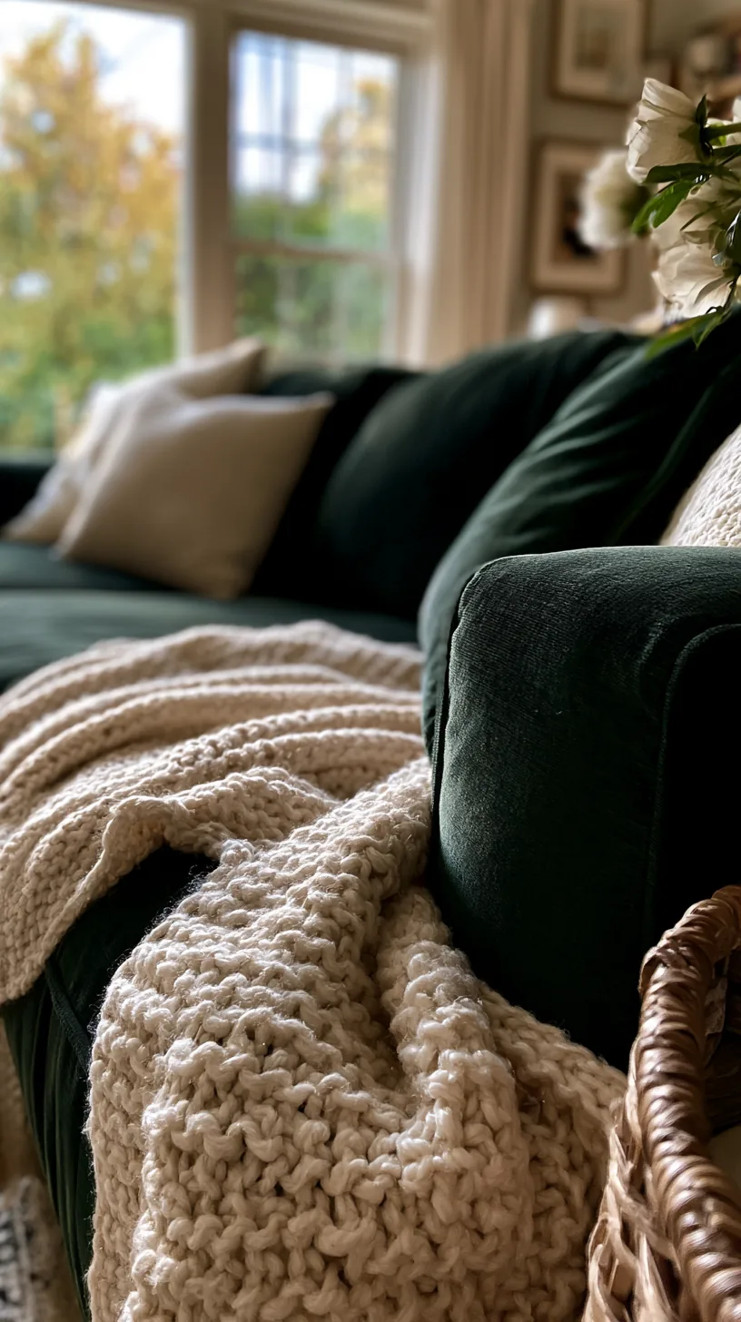 large woven blanket basket beside a dark green sofa filled with throws, photo 1 of 4