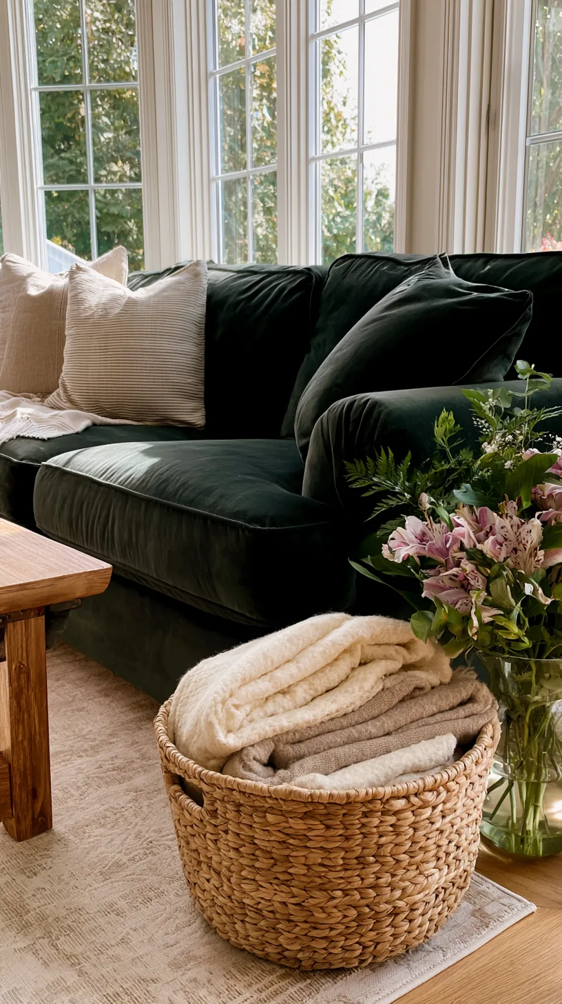 large woven blanket basket beside a dark green sofa filled with throws, photo 2 of 4