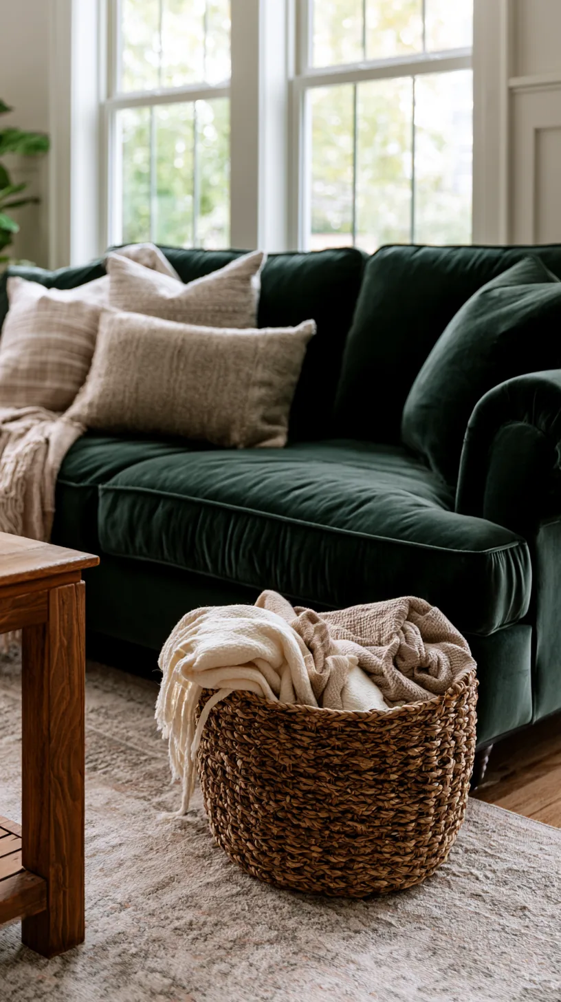 large woven blanket basket beside a dark green sofa filled with throws, photo 3 of 4