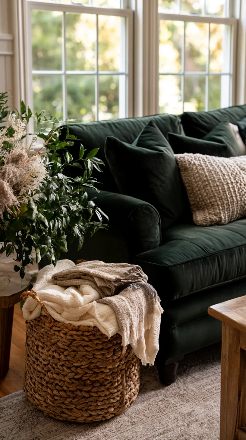 large woven blanket basket beside a dark green sofa filled with throws, photo 4 of 4