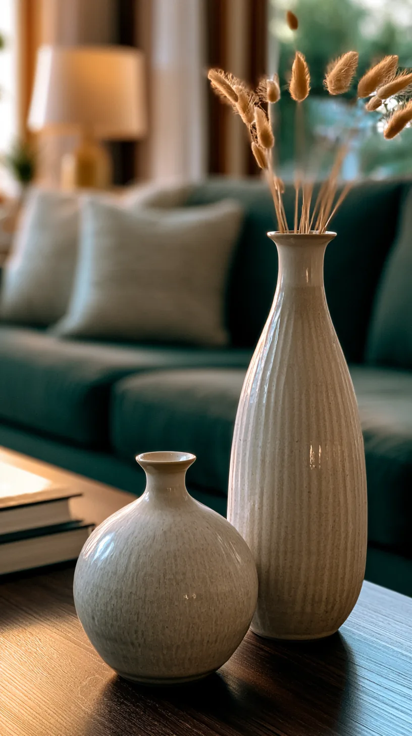 tall pampas grass in a ceramic vase adding soft neutral height near a green sofa, photo 1 of 4