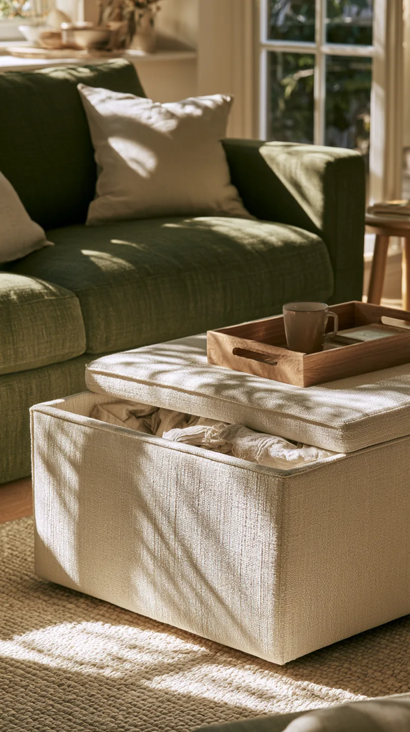 warm neutral storage ottoman doubling as a footrest by a dark green sofa, photo 1 of 4