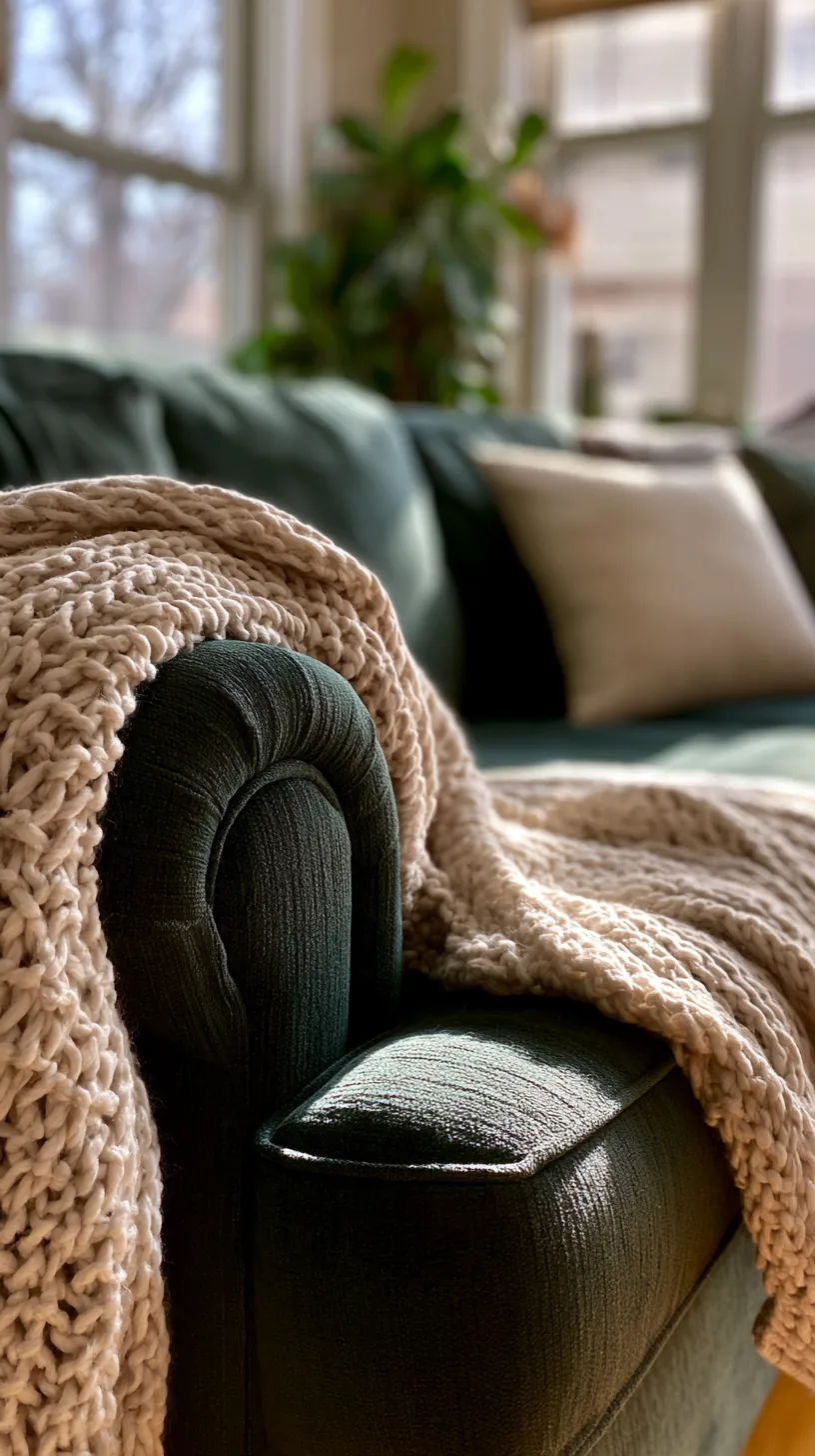 warm neutral storage ottoman doubling as a footrest by a dark green sofa, photo 2 of 4