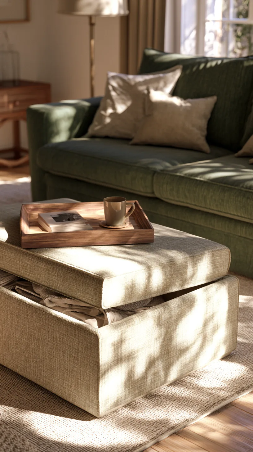 warm neutral storage ottoman doubling as a footrest by a dark green sofa, photo 3 of 4