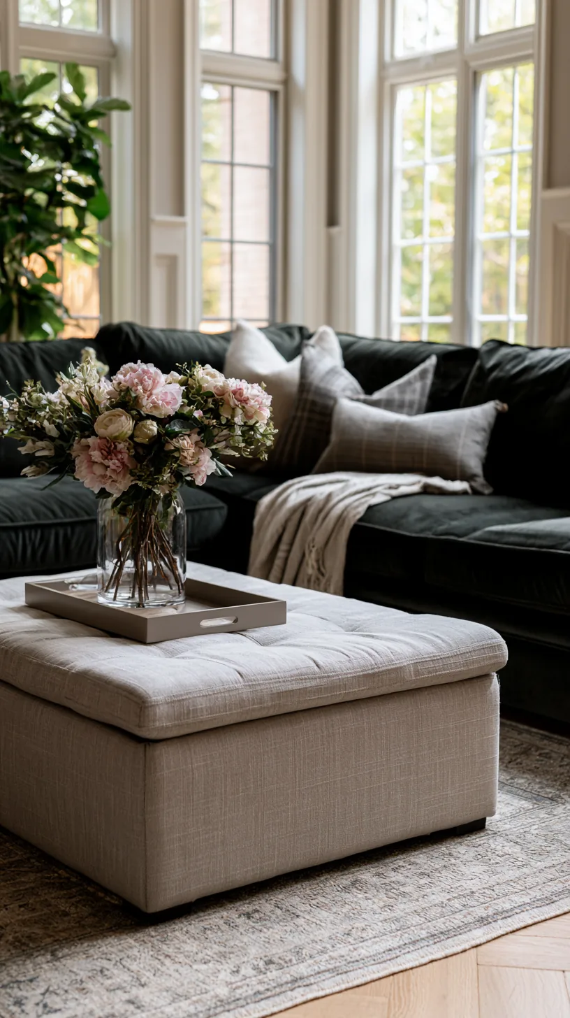 warm neutral storage ottoman doubling as a footrest by a dark green sofa, photo 4 of 4