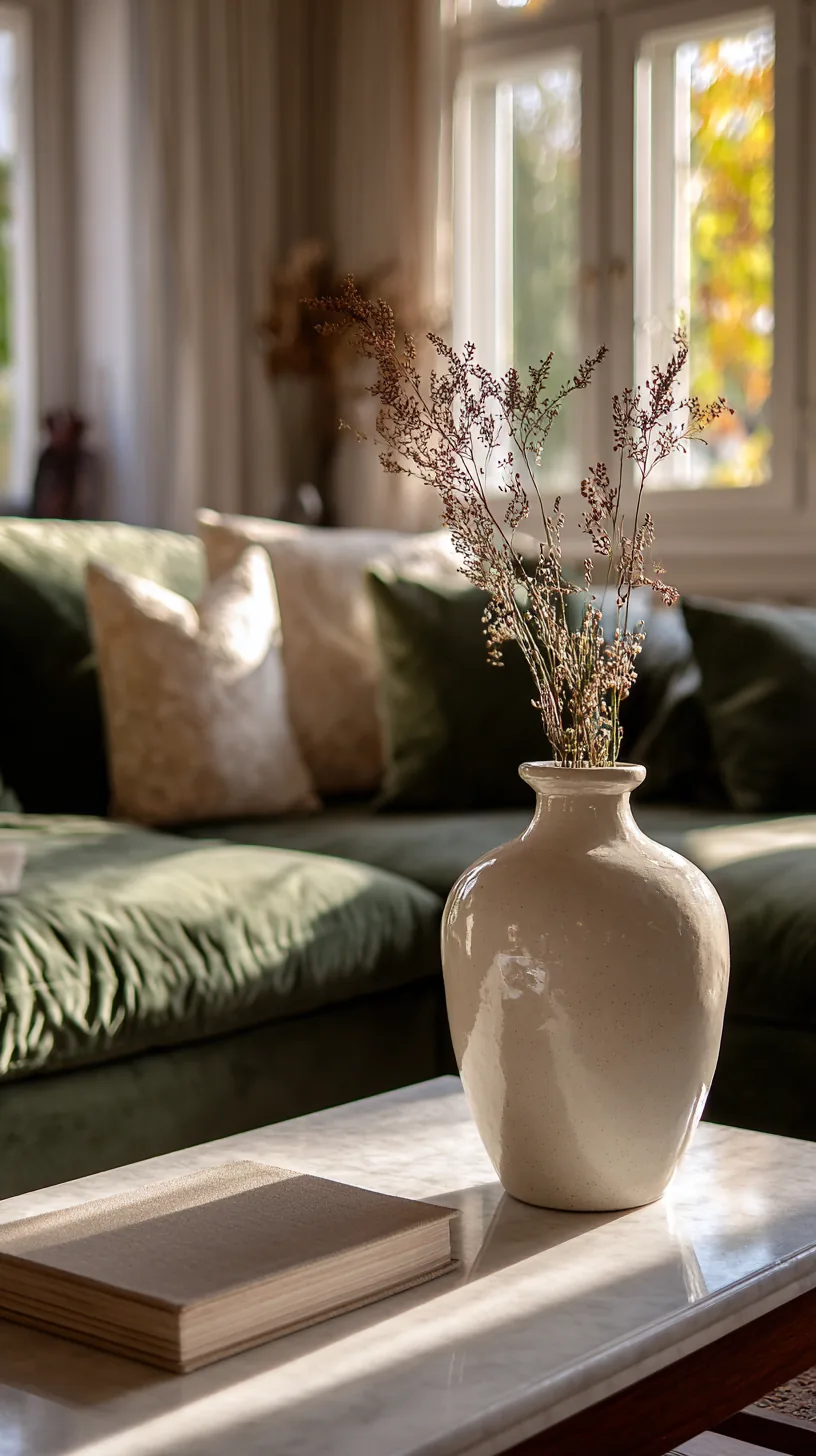 simple ceramic vases styled on a coffee table near a dark green sofa, photo 1 of 4